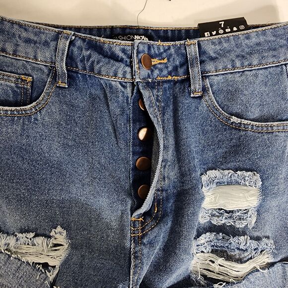 Fashion Nova Womens Denim Shorts Size 7 Blue High Rise Button Fly Distressed Rip - Picture 4 of 11